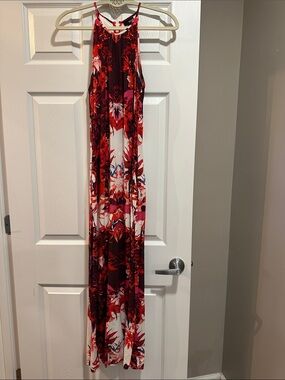 Red Floral Halter Maxi Dress with Pockets